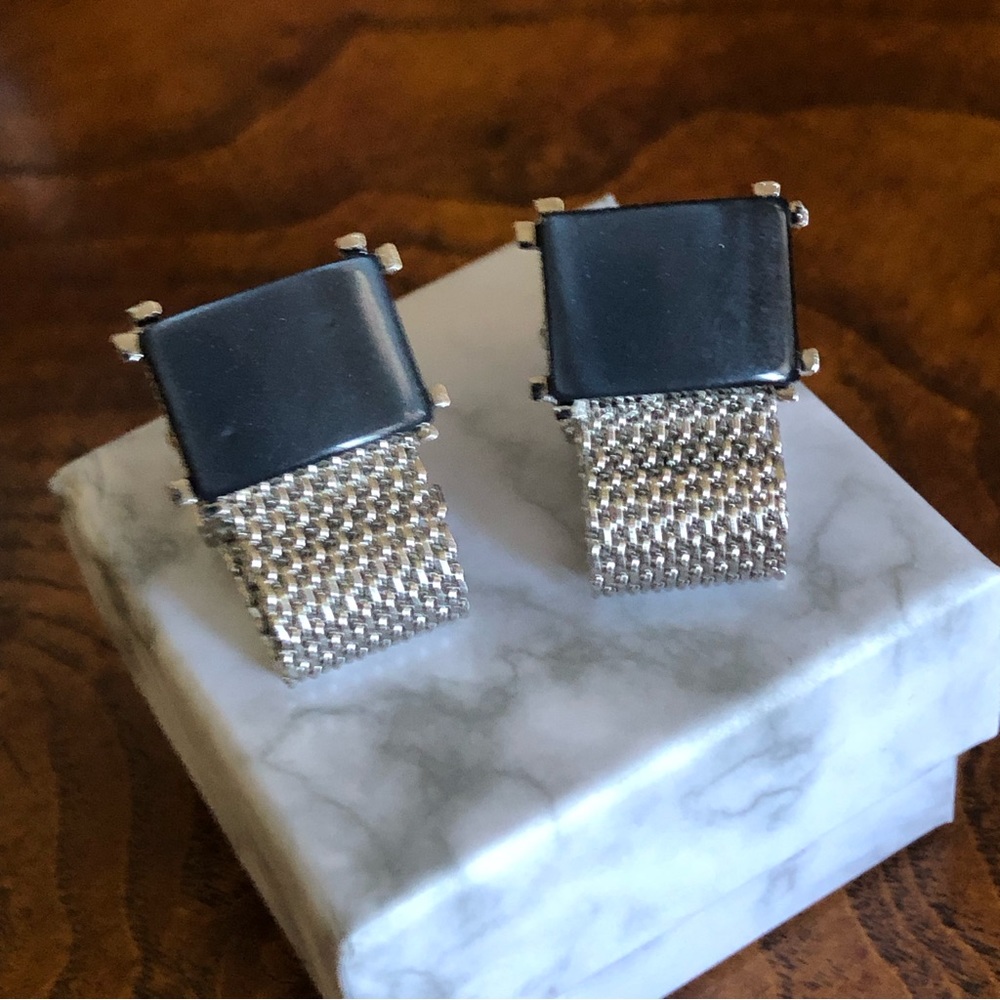 Vintage Swank hematite silver mesh wrap style cuff links